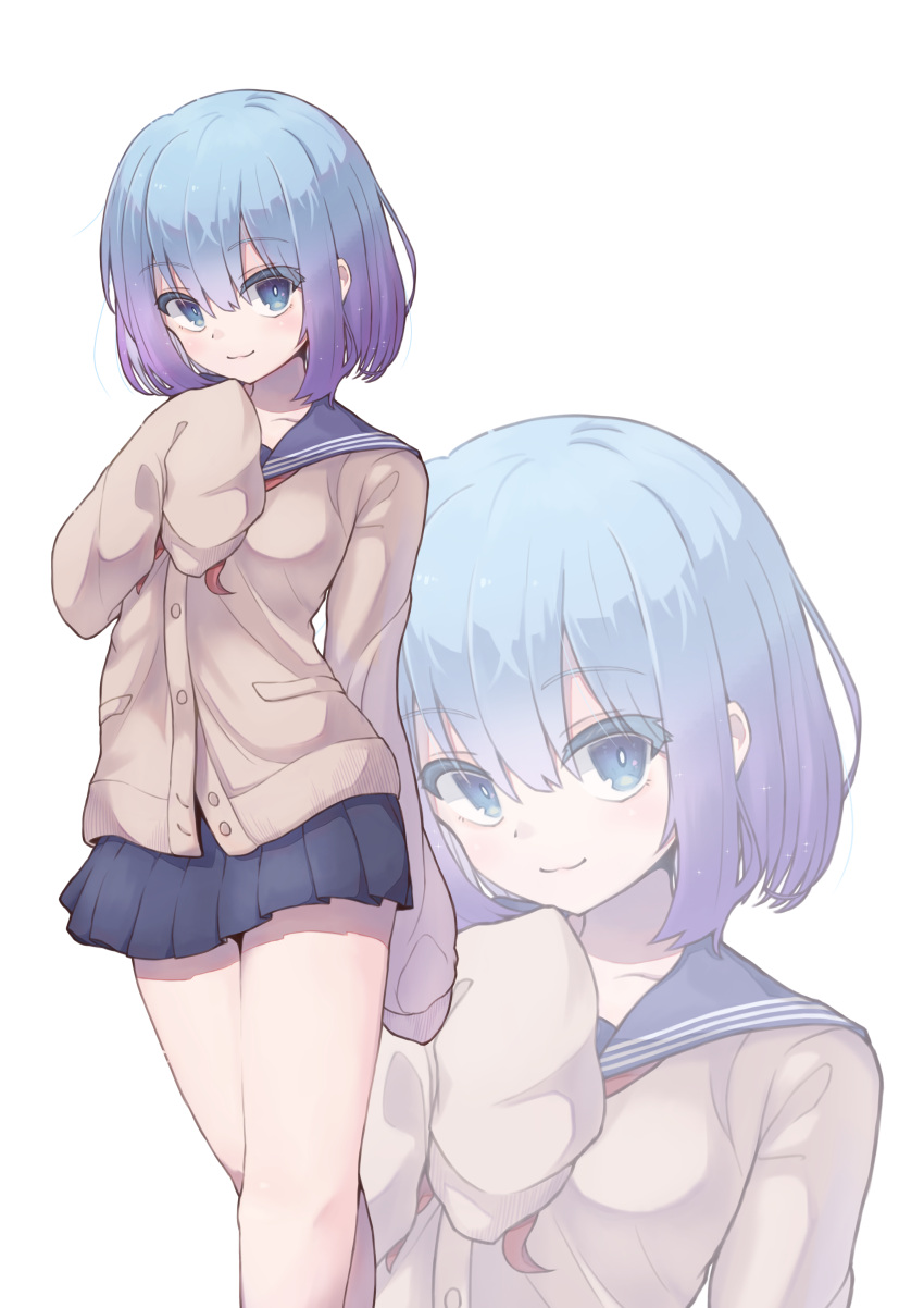 1girl, absurdres, bangs, black_skirt, blue_eyes, blue_hair, brown_jacket, closed_mouth