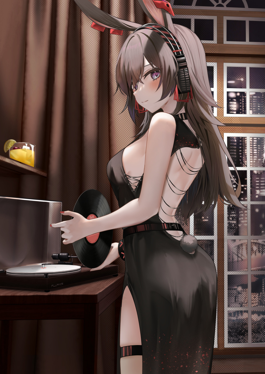 1girl, absurdres, animal_ears, april_(arknights), arknights, back_cutout, bangs, belt
