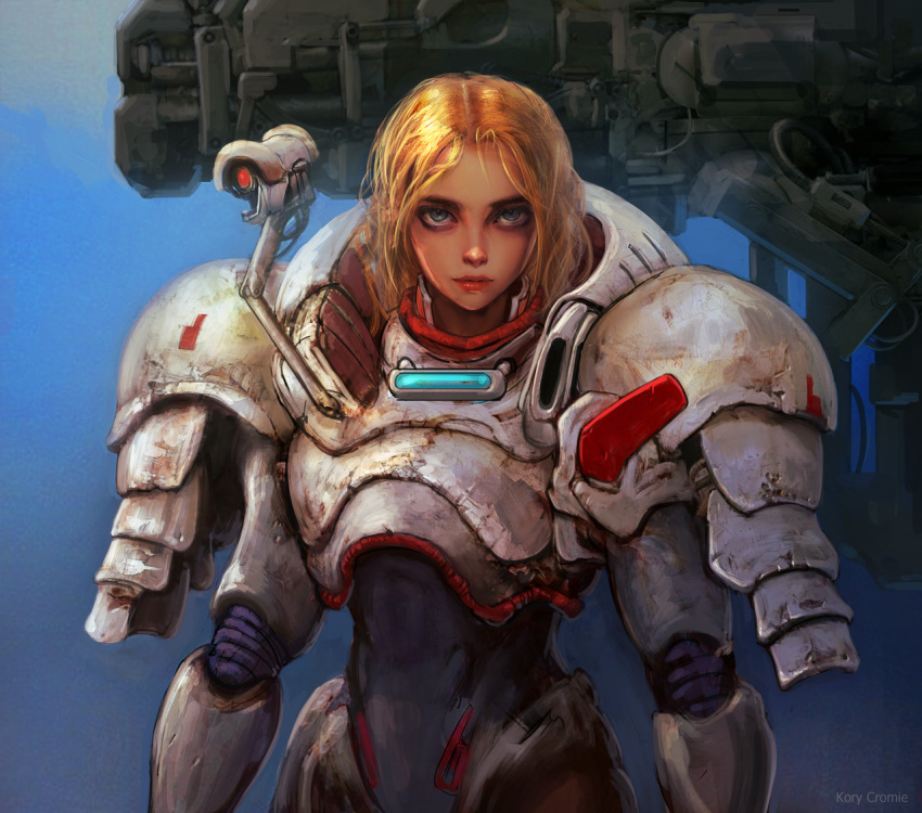 1girl, armor, blonde_hair, blue_eyes, cable, cyberpunk, damaged, dirty