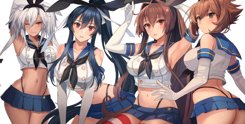 4girls, armpits, arms_up, ass, black_hair, black_neckerchief, black_panties, blue_sailor_collar