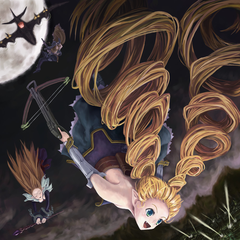 archer_(disgaea), blonde_hair, bow_(weapon), brown_hair, city, crossbow, disgaea, drill_hair