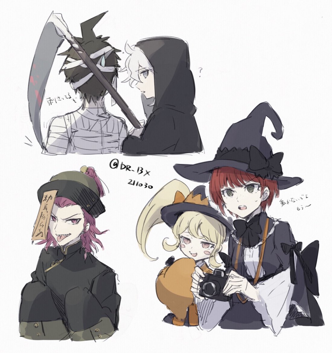 2girls, 3boys, ?, asuna_(doruru-mon), bandages, bangs, black_bow, black_bowtie