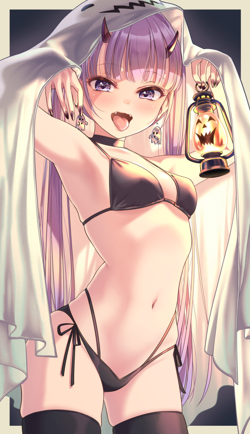 1girl, armpits, bangs, bikini, black_bikini, black_nails, blunt_bangs, breasts