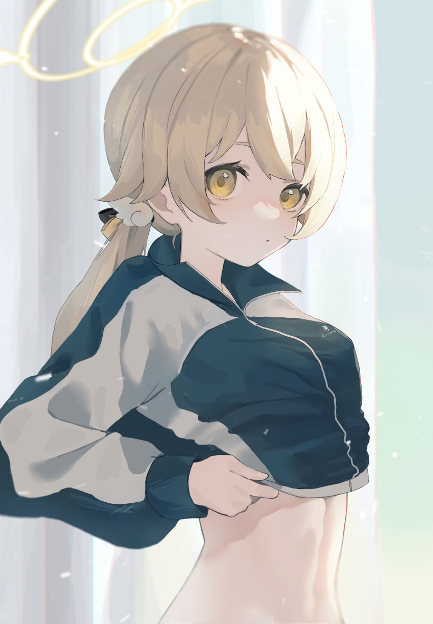1girl, absurdres, alternate_costume, belly, blue_archive, blurry, blurry_background, breasts