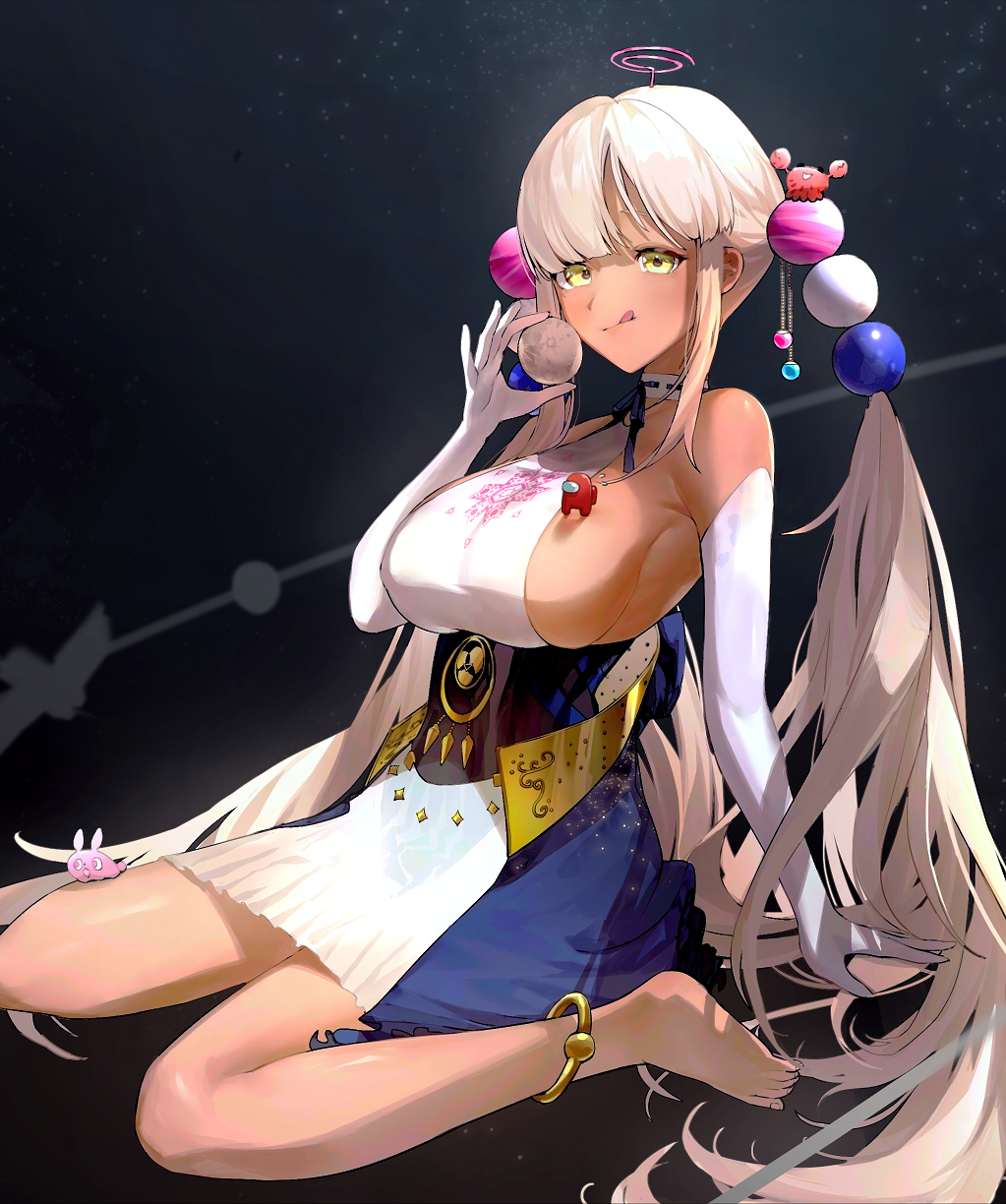 1girl, ;q, among_us, anklet, backless_outfit, bare_shoulders, barefoot, blonde_hair