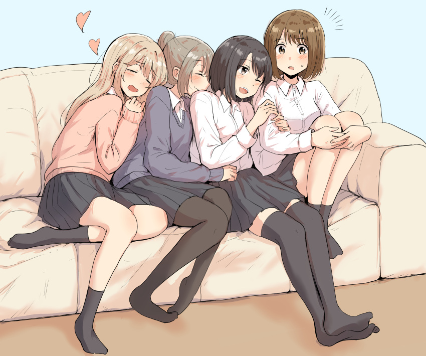 4girls, :d, ;d, absurdres, arm_grab, arrow_(symbol), bangs, betock