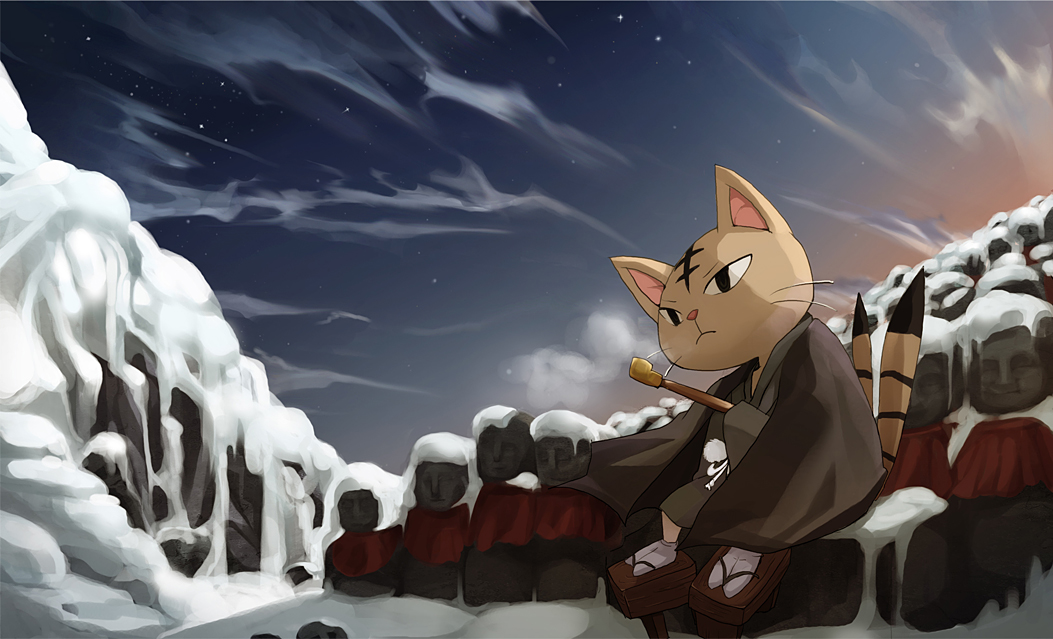 cat, geta, japanese_clothes, jizo_statue, jizou, matamune, multiple_tails, nekomata