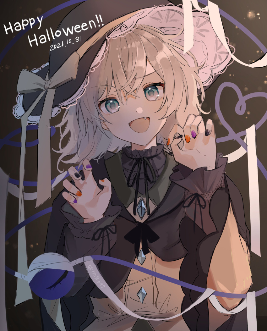 1girl, :d, absurdres, arms_up, bandages, bangs, black_headwear, black_neckwear
