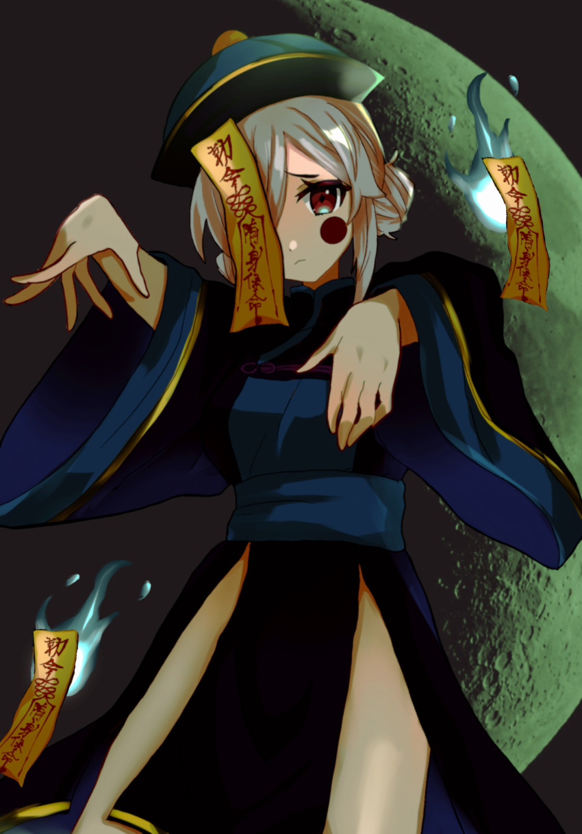 1girl, chinese_clothes, frown, guardian_tales, hair_over_one_eye, hand_up, hat, highres
