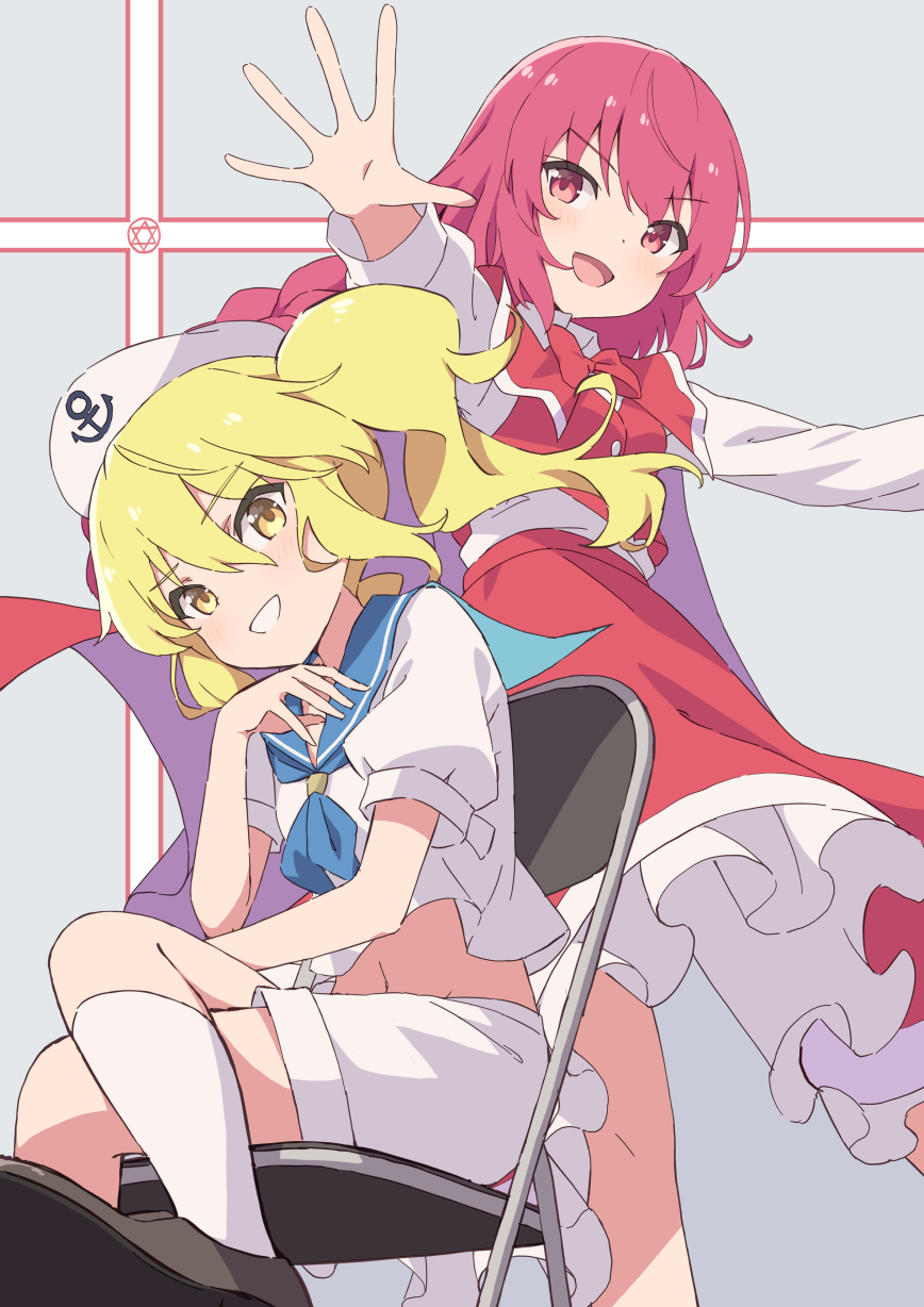 2girls, anchor_symbol, blonde_hair, blue_sailor_collar, bow, bowtie, braid, breasts