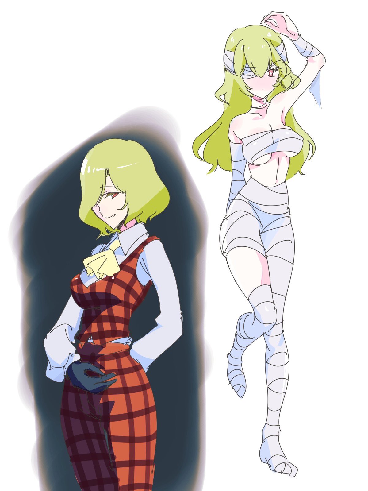 2girls, arm_behind_back, arm_up, ascot, bandage_over_one_eye, black_gloves, blush, breasts