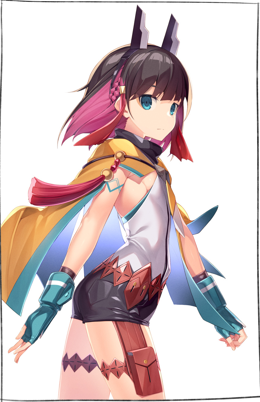 1girl, absurdres, azure_striker_gunvolt, bangs, bare_shoulders, black_hair, black_shorts, blue_gloves