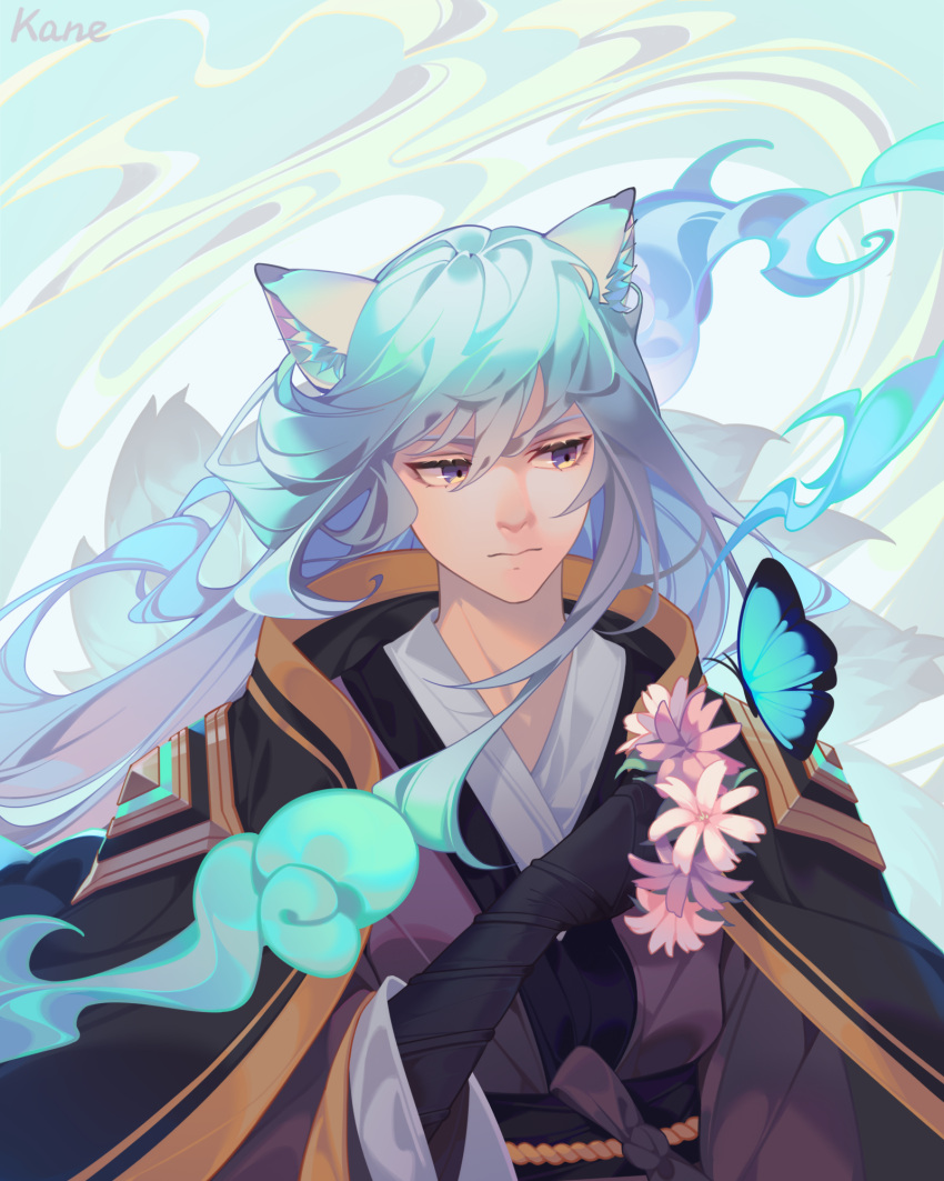 1boy, animal_ears, artist_name, bangs, blue_butterfly, bug, butterfly, closed_mouth, flower, fox_boy, fox_ears, gloved_handjob, guardian_tales, highres, holding, holding_flower, kane_5g, korean_clothes, long_hair, looking_to_the_side, multicolored_hair, multiple_tails, nine_tailed_fox_garam, tail, upper_body