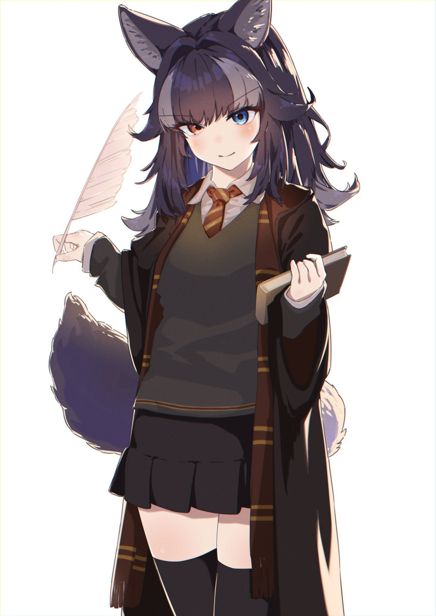 1girl, 910m27r, alternate_costume, animal_ears, black_coat, black_hair, black_legwear, black_skirt