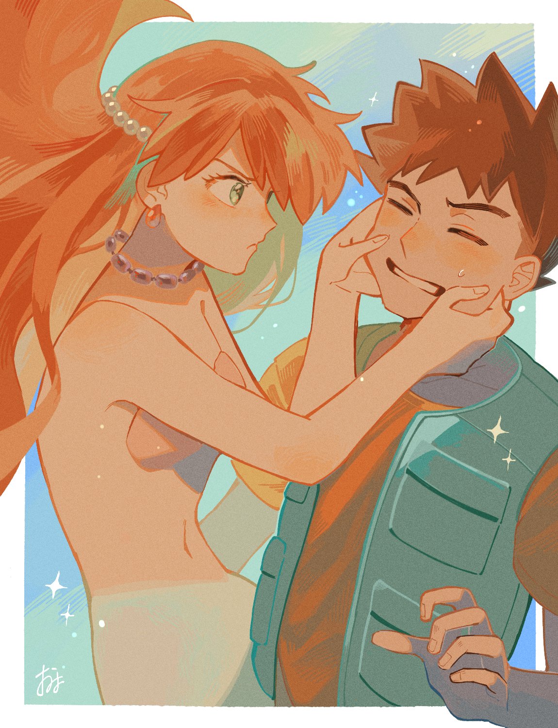 1boy, 1girl, bangs, bead_necklace, beads, blush, border, brock_(pokemon)