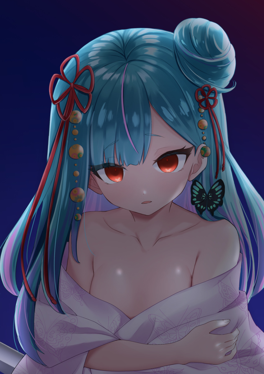 1girl, blurry, blurry_background, breasts, collarbone, commentary_request, empty_eyes, green_hair