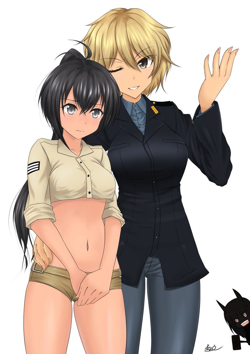 3girls, absurdres, ahoge, black_hair, blonde_hair, blush, brave_witches, breasts