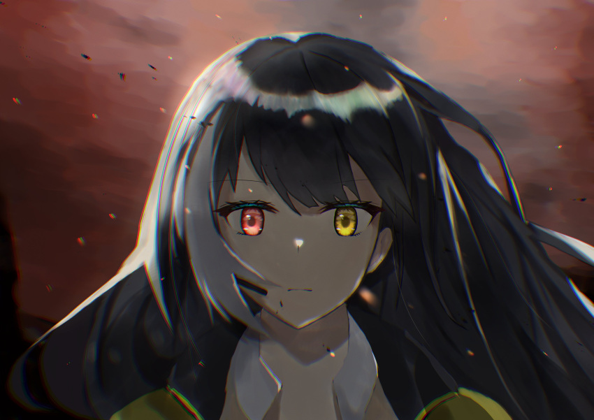 1girl, absurdres, black_hair, closed_mouth, eyebrows_visible_through_hair, girls_frontline, headphones, heterochromia, highres, long_hair, looking_at_viewer, multicolored_hair, red_eyes, red_sky, ro635_(girls'_frontline), sky, solo_focus, wh1te, yellow_eyes