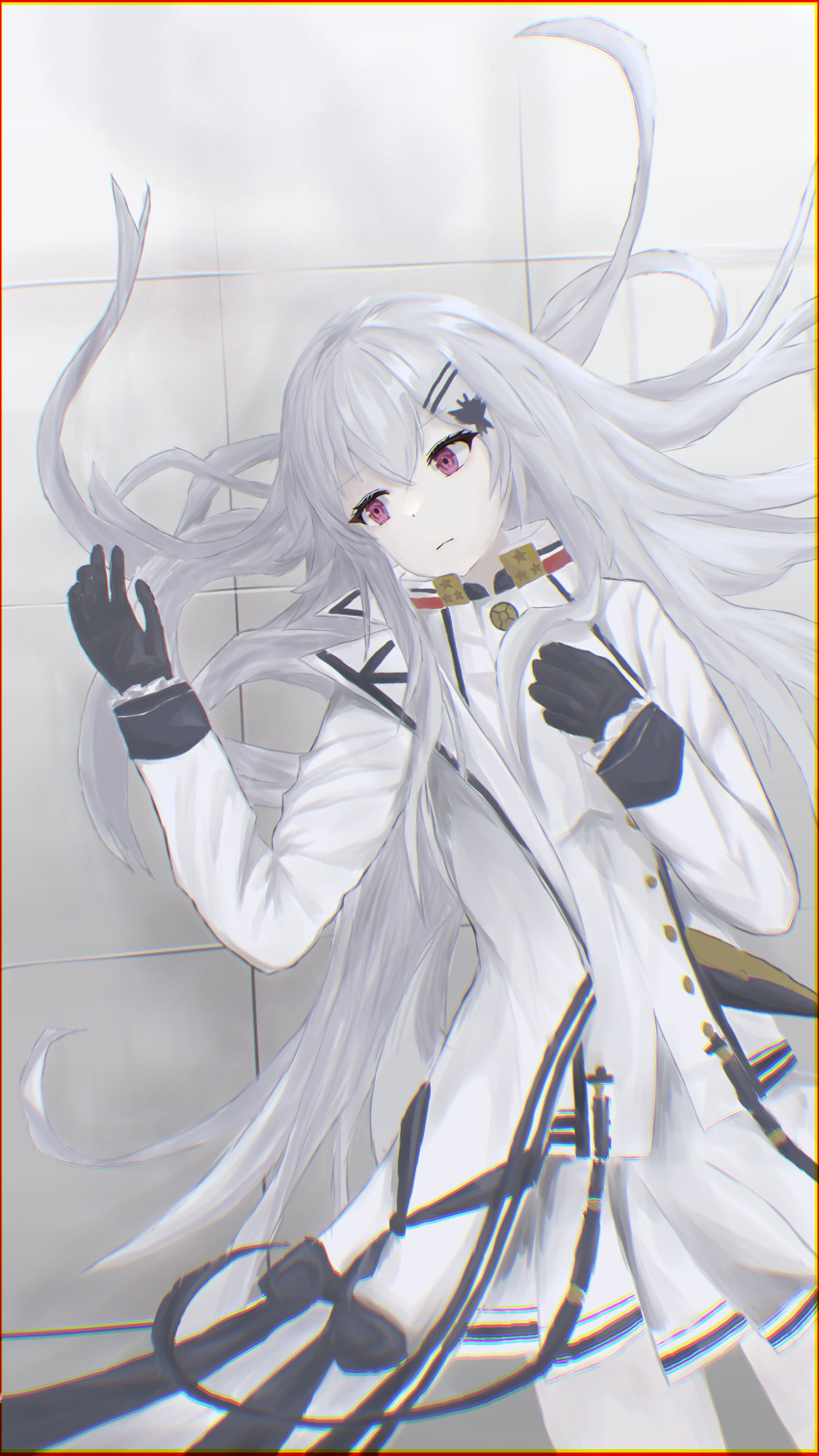 1girl, absurdres, black_gloves, closed_mouth, eyebrows_visible_through_hair, feet_out_of_frame, floor, girls_frontline