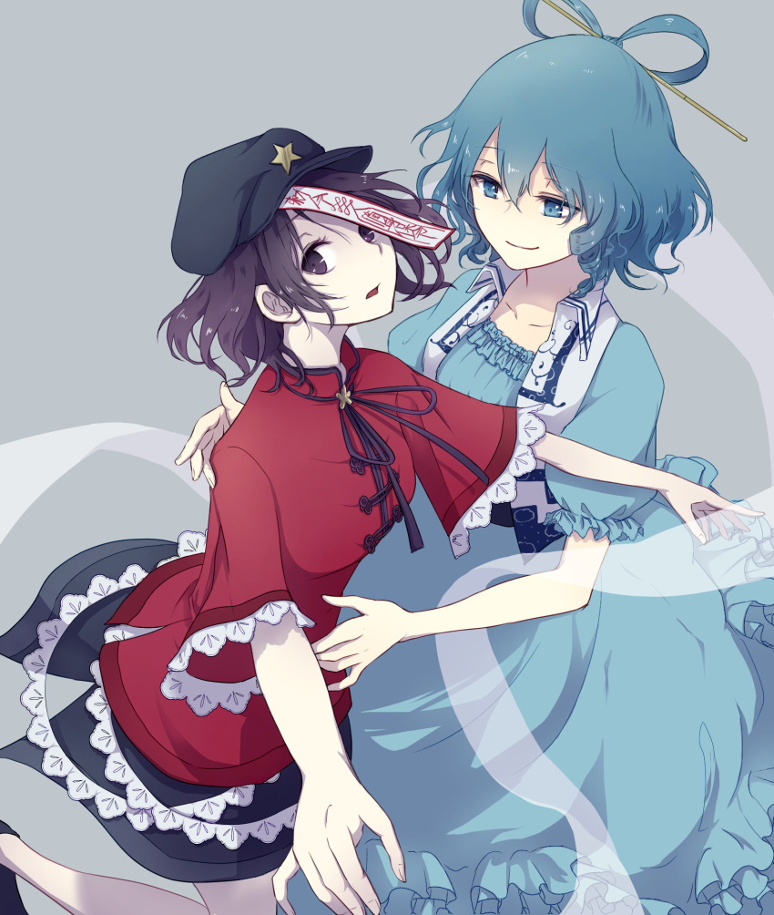 2girls, black_skirt, blue_dress, blue_eyes, blue_hair, blue_headwear, breasts, c_aracr