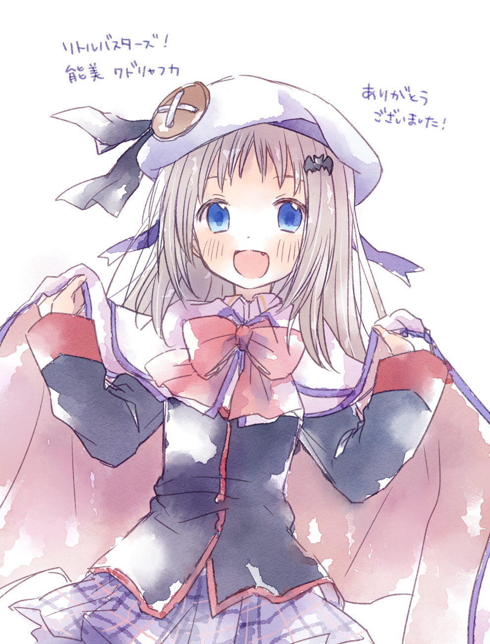 1girl, beret, blonde_hair, blue_eyes, bow, cape, commentary_request, cowboy_shot