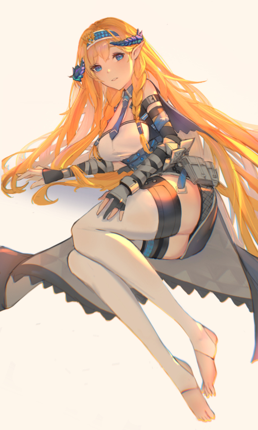 1girl, arknights, arm_support, bangs, bare_shoulders, barefoot, belt_pouch, black_gloves, black_skirt, blonde_hair, blue_eyes, blue_hairband, blue_necktie, blush, braid, breasts, commentary, corset, detached_collar, dragon_horns, drone_(drone_37), elbow_gloves, emblem, eyebrows_visible_through_hair, feet, full_body, gloves, hairband, highres, horns, long_hair, looking_at_viewer, lying, medium_breasts, miniskirt, necktie, no_shoes, on_side, parted_lips, partially_fingerless_gloves, pouch, revision, saileach_(arknights), simple_background, skirt, smile, solo, stirrup_legwear, thigh-highs, toeless_legwear, twin_braids, underbust, very_long_hair, white_background, white_legwear