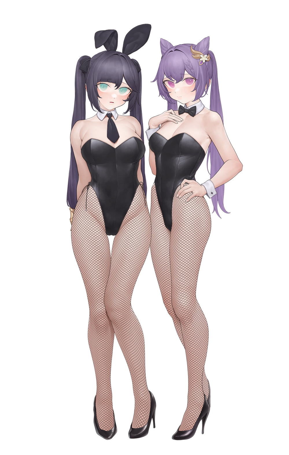 2girls, alternate_costume, animal_ears, arms_behind_back, bangs, black_bow, black_bowtie, black_footwear