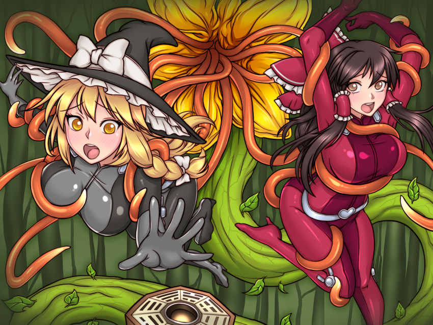 2girls, belt, blonde_hair, bodysuit, braid, brown_eyes, brown_hair, carnivorous_plant, hair_ribbon, hair_tubes, hakurei_reimu, hat, highres, imminent_vore, injuotoko, kirisame_marisa, mini-hakkero, multiple_girls, open_mouth, plant, ribbon, tentacles, totally_spies, touhou, tress_ribbon, witch_hat, yellow_eyes