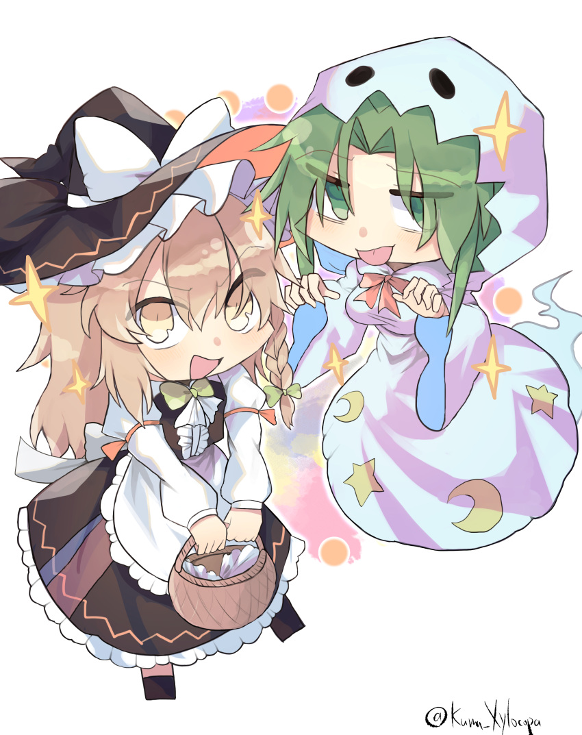 2girls, absurdres, apron, back_bow, black_dress, black_footwear, blonde_hair, bow