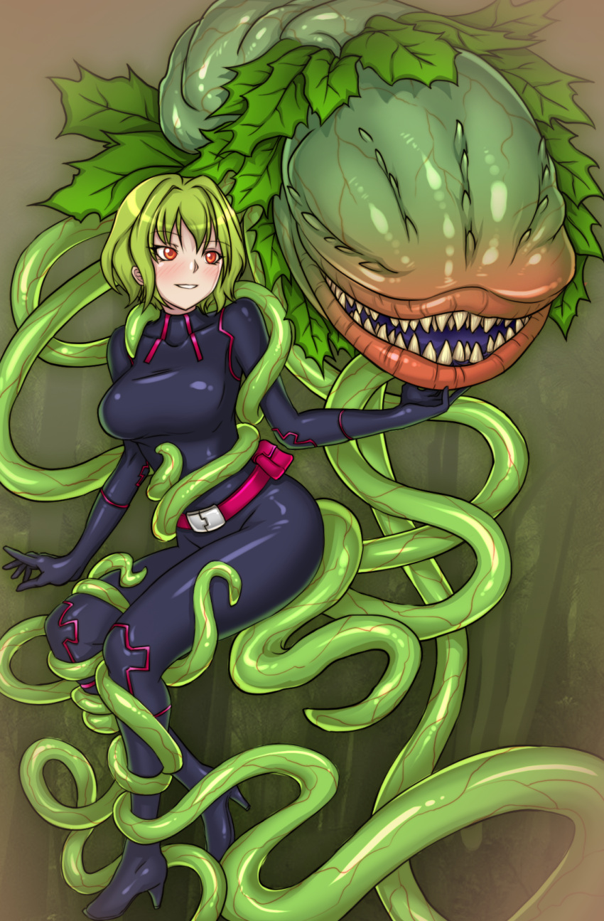 1girl, audrey_ii, belt, bodysuit, carnivorous_plant, green_hair, highres, injuotoko, kazami_yuuka, little_shop_of_horrors, orange_eyes, plant, red_belt, simple_background, sitting, sitting_on_tentacle, smile, tentacles, totally_spies, touhou