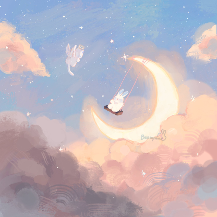 animal, animal_focus, artist_name, beanynne, clouds, crescent_moon, day, flying