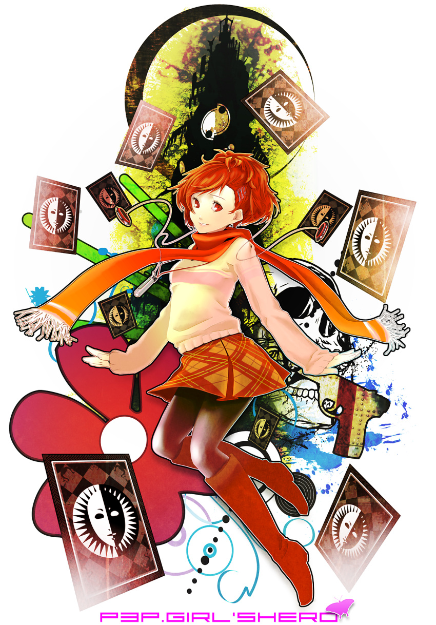 1girl, boots, brown_hair, card, female_protagonist_(persona_3), floating_card, gassun, hair_ornament