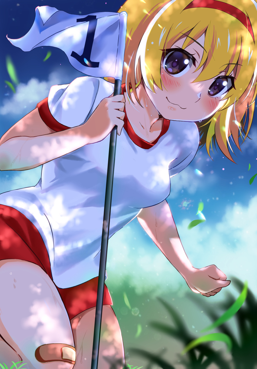 1girl, :3, absurdres, bandaid, bandaid_on_knee, bangs, blonde_hair, blue_sky