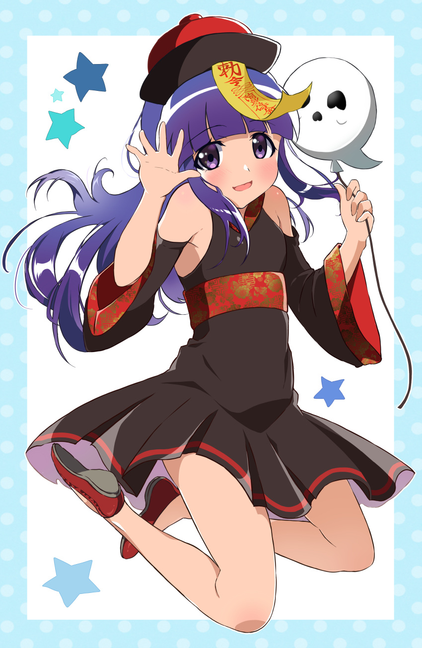 1girl, :d, absurdres, balloon, bangs, bare_shoulders, black_dress, black_sleeves, blue_border, blunt_bangs, blush, border, chinese_clothes, commentary_request, detached_sleeves, dress, eyebrows_visible_through_hair, floral_print, full_body, furude_rika, halloween_costume, hands_up, happy, hat, highres, higurashi_no_naku_koro_ni, holding, holding_balloon, jiangshi_costume, long_hair, long_sleeves, looking_at_viewer, mashimaro_tabetai, ofuda, open_mouth, polka_dot, polka_dot_border, print_sash, purple_hair, qing_guanmao, red_footwear, red_sash, sash, shiny, shiny_hair, shoes, sleeveless, sleeveless_dress, smile, solo, star_(symbol), violet_eyes, white_background, wide_sleeves