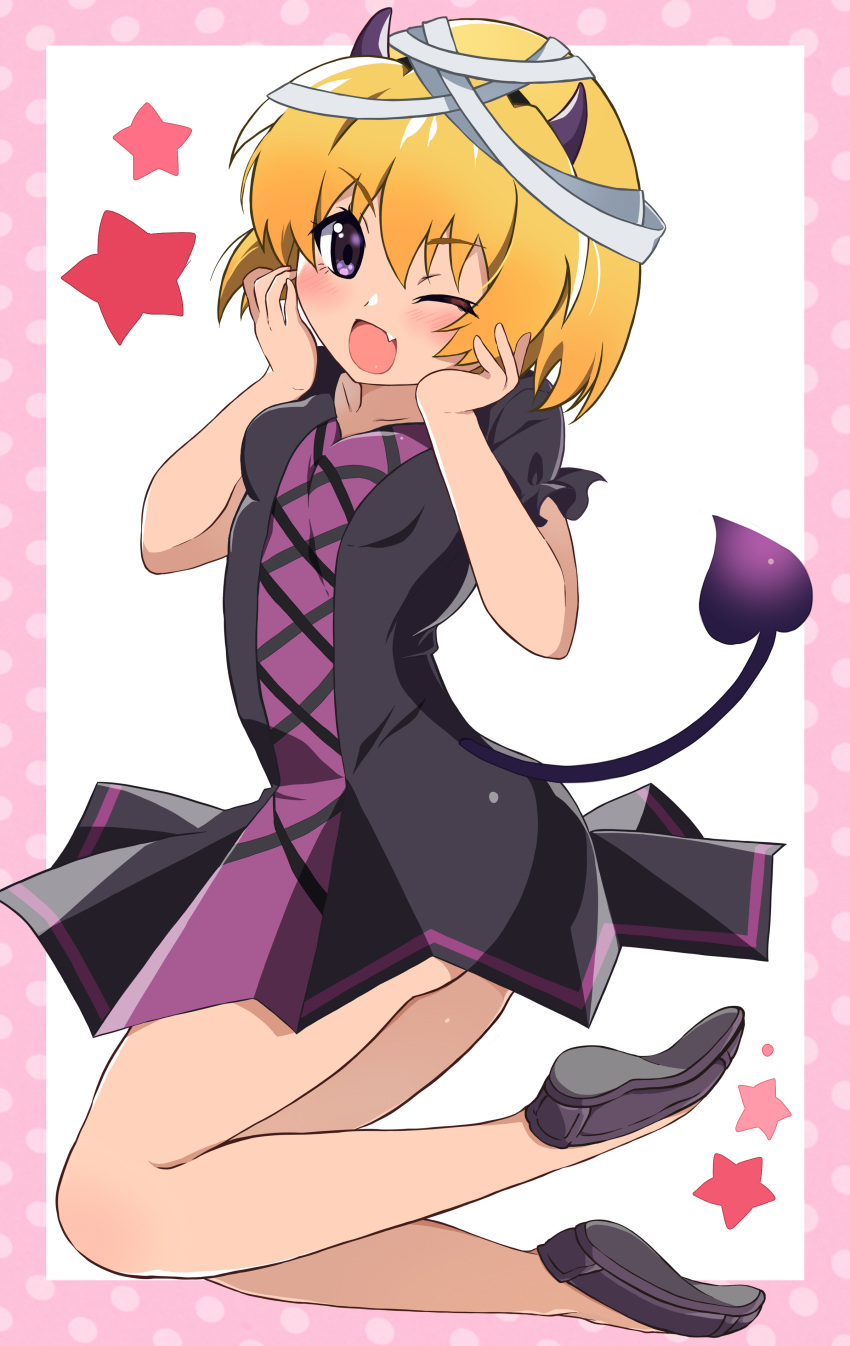 1girl, ;d, absurdres, bandaged_head, bandages, bangs, black_dress, black_footwear