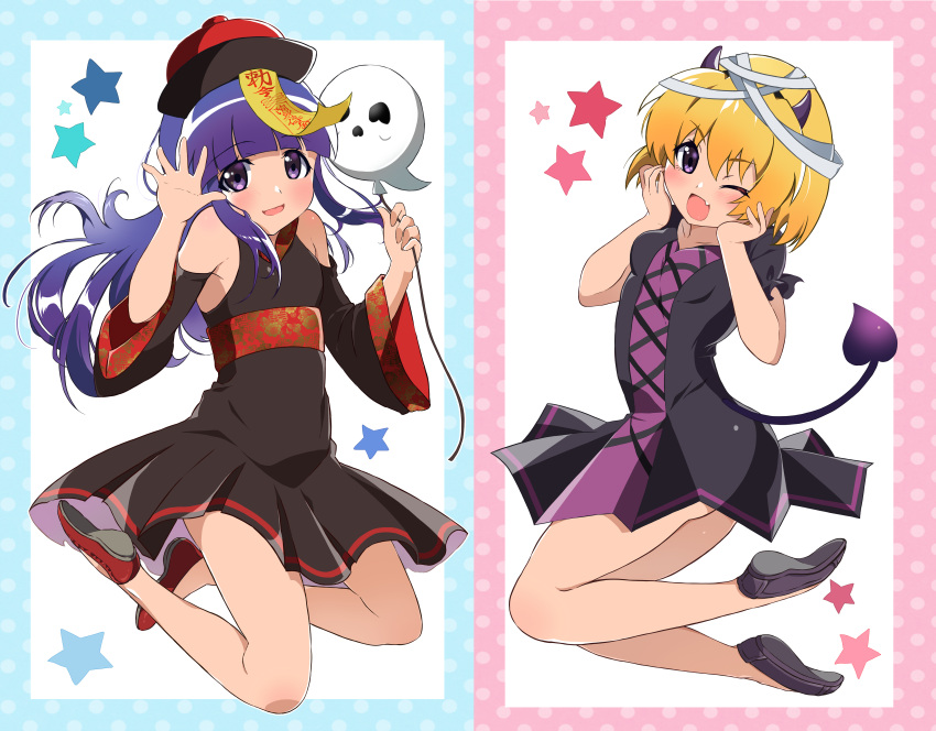 2girls, :d, ;d, absurdres, balloon, bandaged_head, bandages, bangs