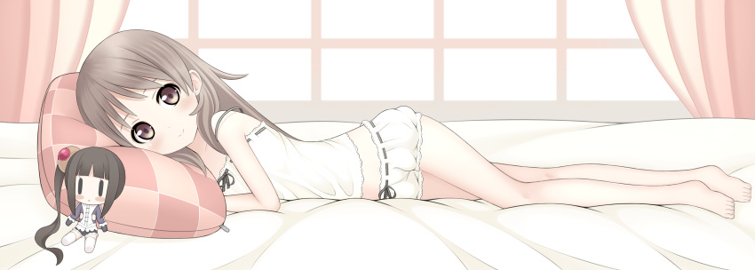 1girl, absurdres, ami_(ammy33), atelier_(series), atelier_totori, barefoot, bed, blanket, bloomers, blush, brown_hair, closed_mouth, feet, highres, long_hair, looking_at_viewer, mimi_houllier_von_schwarzlang, pillow, smile, solo, stuffed_toy, totooria_helmold, underwear, window
