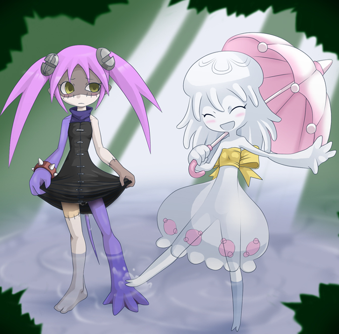 bow, dainama, goo_girl, monster_girl, parasol, pink_hair, screw, slime, slime_girl, slimegirl, stitches, yellow_eyes