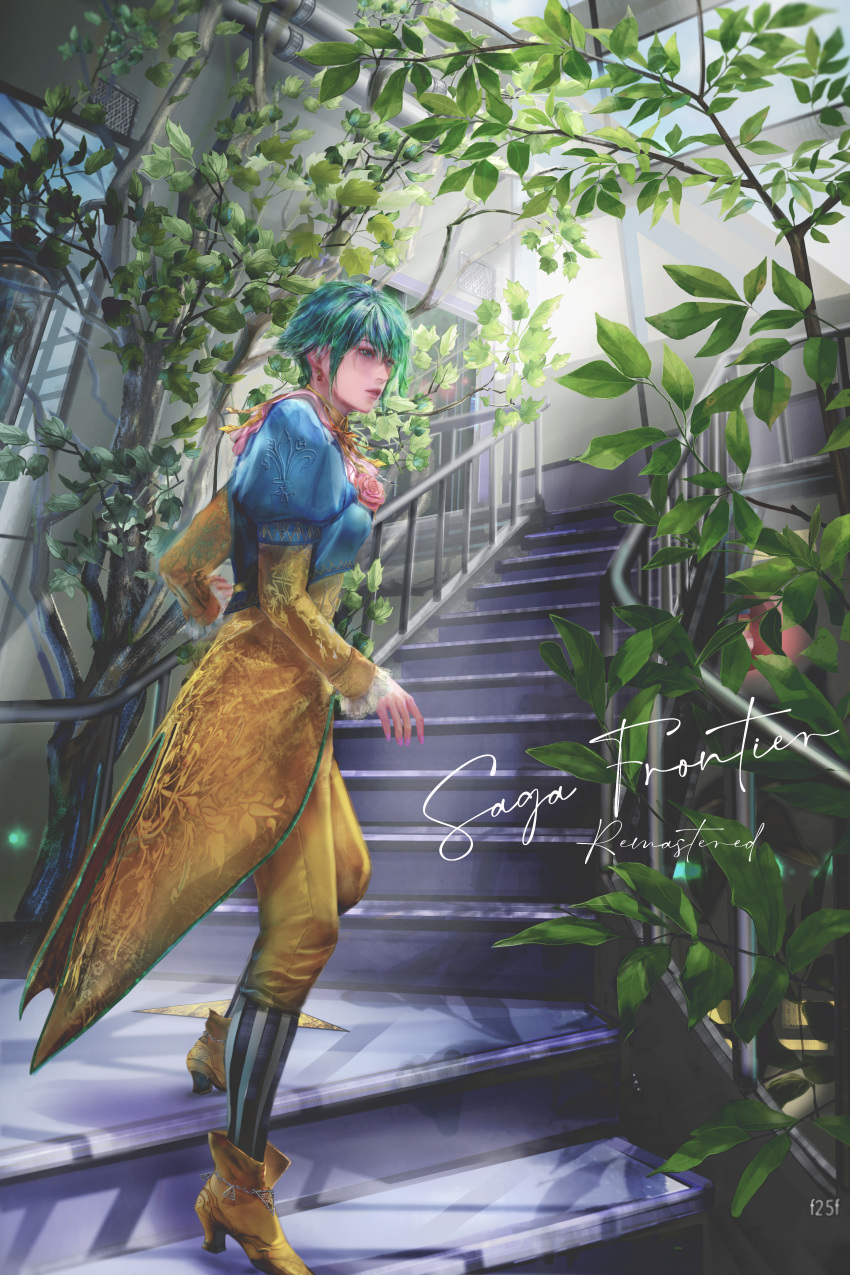 1girl, absurdres, asellus_(saga_frontier), breasts, dress, f25f, flower, green_eyes