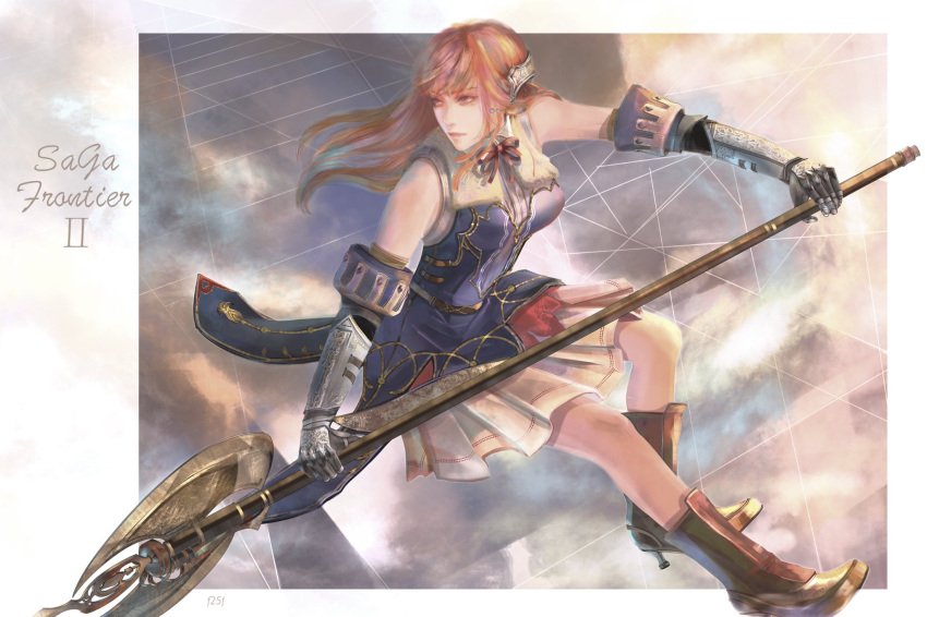 1girl, armor, axe, boots, breasts, closed_mouth, dress, f25f