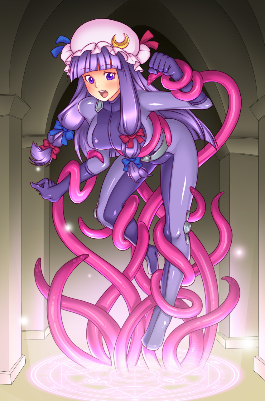 1girl, blue_ribbon, bodysuit, commission, commissioner_upload, crescent, crescent_hat_ornament, hair_ribbon