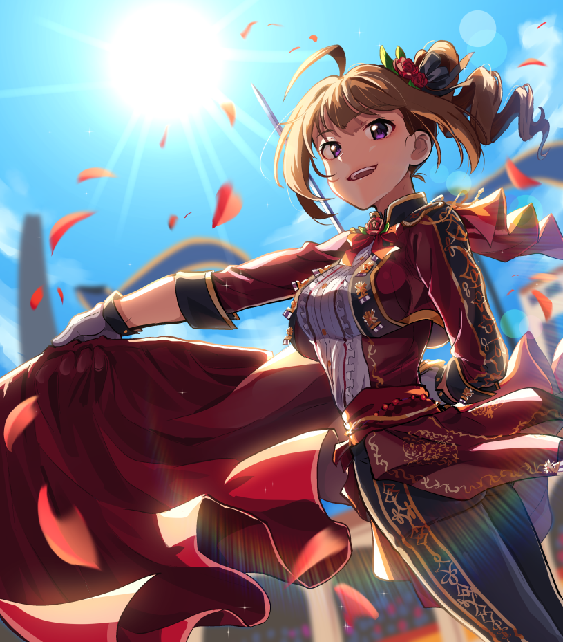 1girl, ahoge, arm_behind_back, bangs, black_pants, black_ribbon, blue_sky, blurry