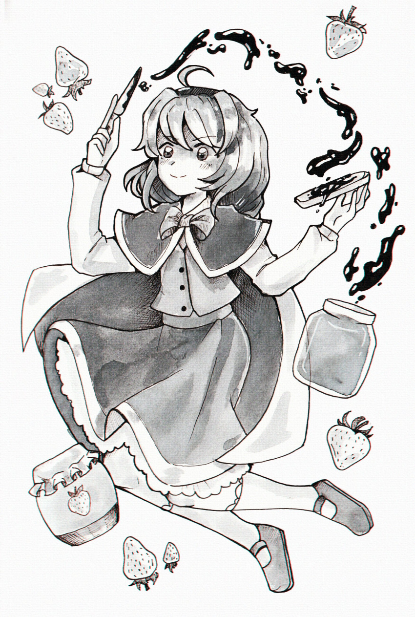 1girl, absurdres, ahoge, blush, bread_slice, breasts, cape, capelet