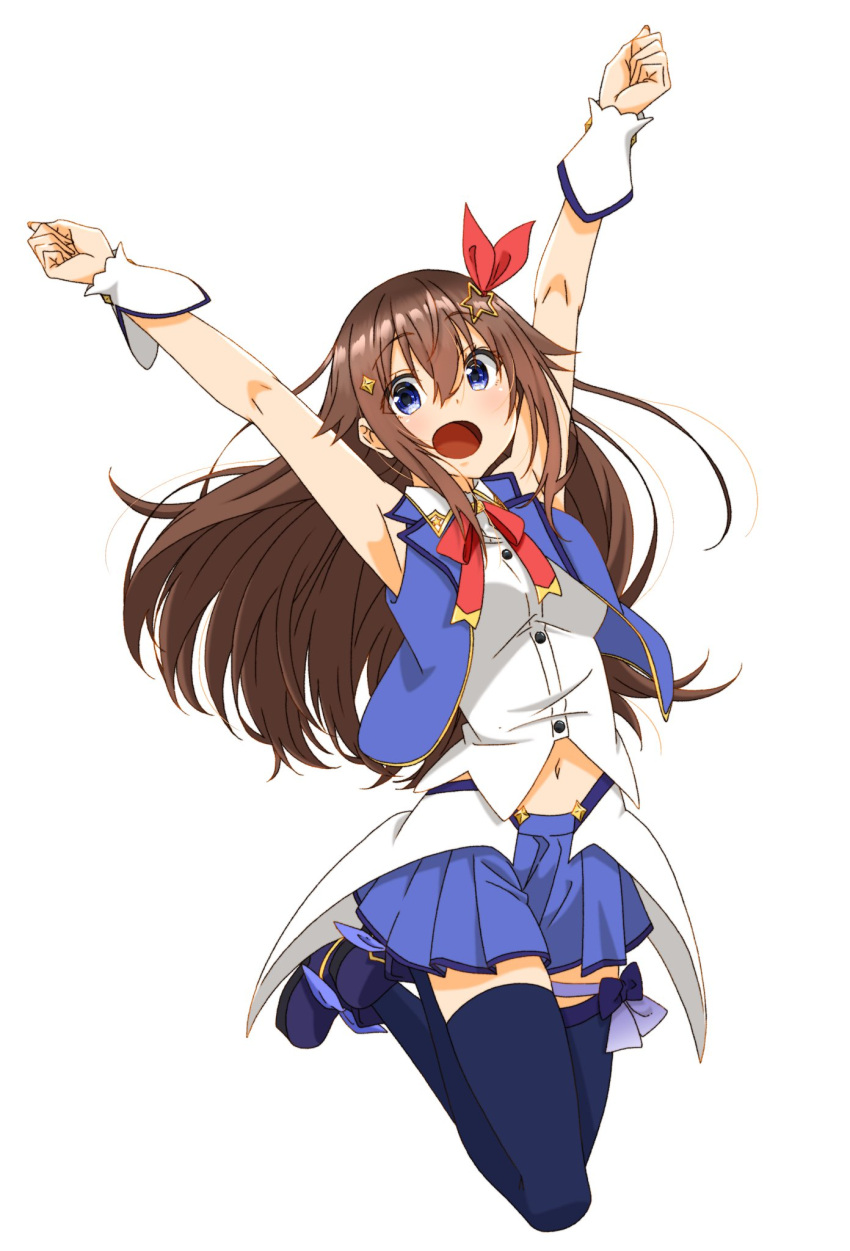 1girl, :d, ankle_boots, armpits, arms_up, blue_eyes, blue_footwear, blue_legwear, blue_ribbon, blue_skirt, blue_vest, boots, brown_hair, collared_shirt, cropped_shirt, cropped_vest, diamond_hair_ornament, full_body, hair_flaps, hair_ornament, hair_ribbon, hairclip, highres, hololive, homura_minori, idol, jumping, knees_up, long_hair, looking_at_viewer, midriff, miniskirt, navel, neck_ribbon, open_mouth, pleated_skirt, red_ribbon, ribbon, shirt, simple_background, skirt, sleeveless, sleeveless_shirt, smile, solo, star_(symbol), star_hair_ornament, thigh-highs, thigh_ribbon, tokino_sora, vest, virtual_youtuber, waist_cape, white_background, white_shirt, wrist_cuffs, zettai_ryouiki