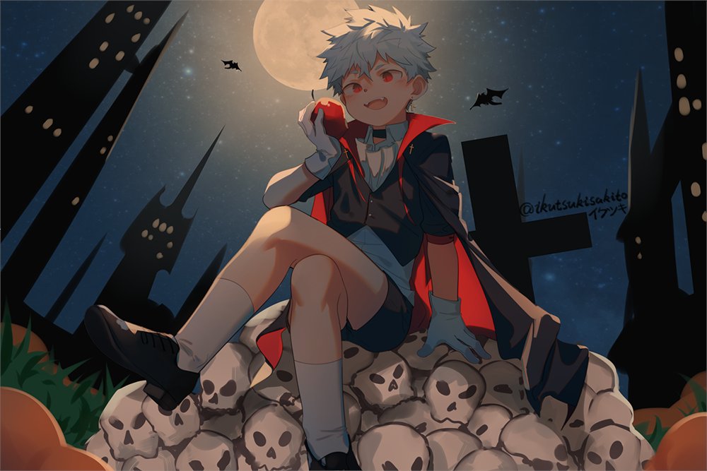 1boy, apple, bare_legs, bat, child, commentary, eating, food, fruit, gloves, ikutsukisakito, male_focus, night, night_sky, original, outdoors, sitting, skull_and_crossbones, sky, solo, solo_focus, star_(sky), starry_sky, teeth, vampire, white_legwear