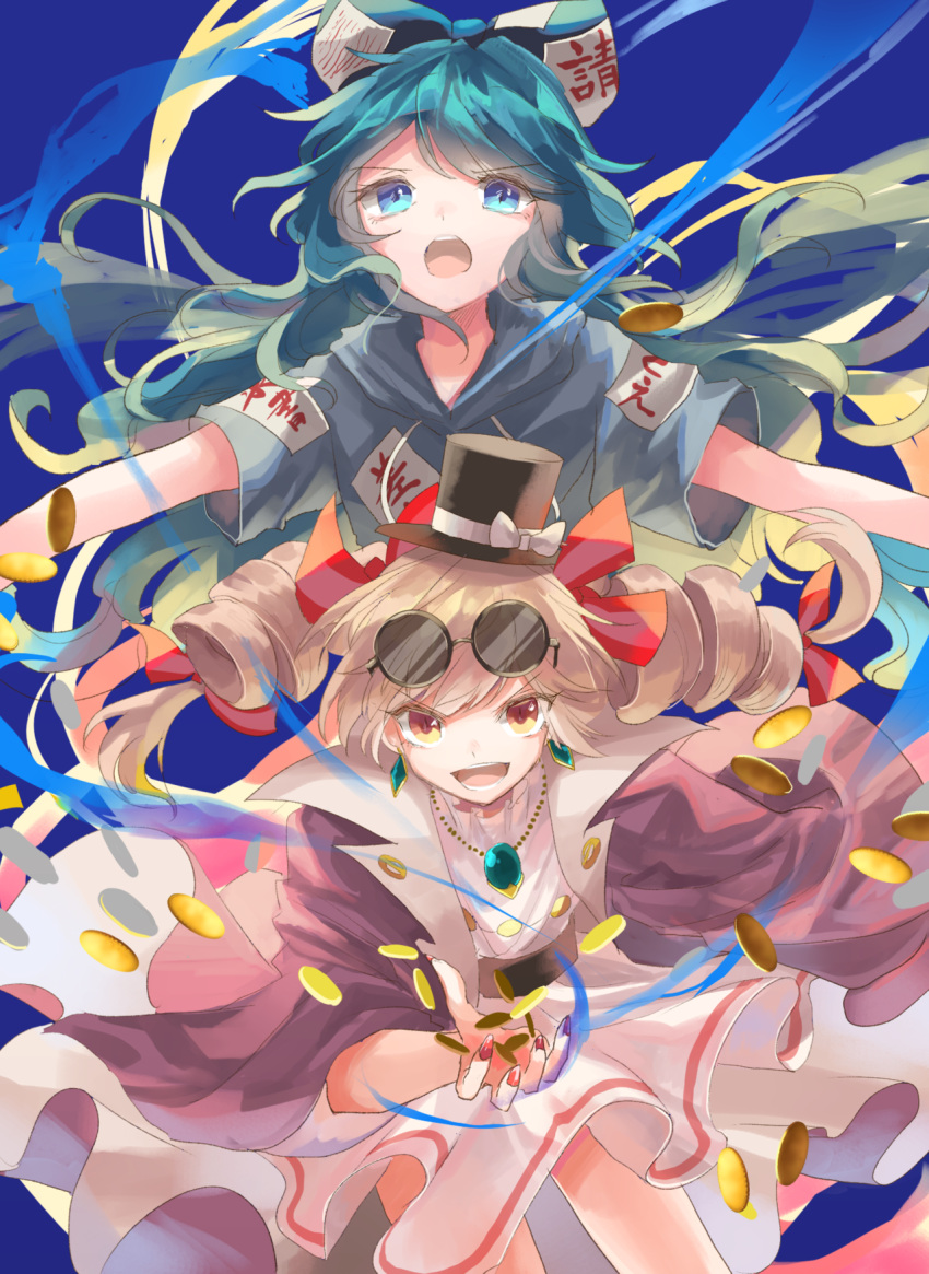 2girls, bangs, black_headwear, blue_background, blue_bow, blue_eyes, blue_hair, bow