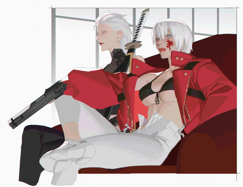 2girls, bikini, bikini_top, black_bikini, blood, blood_on_face, blue_eyes, dante_(devil_may_cry)