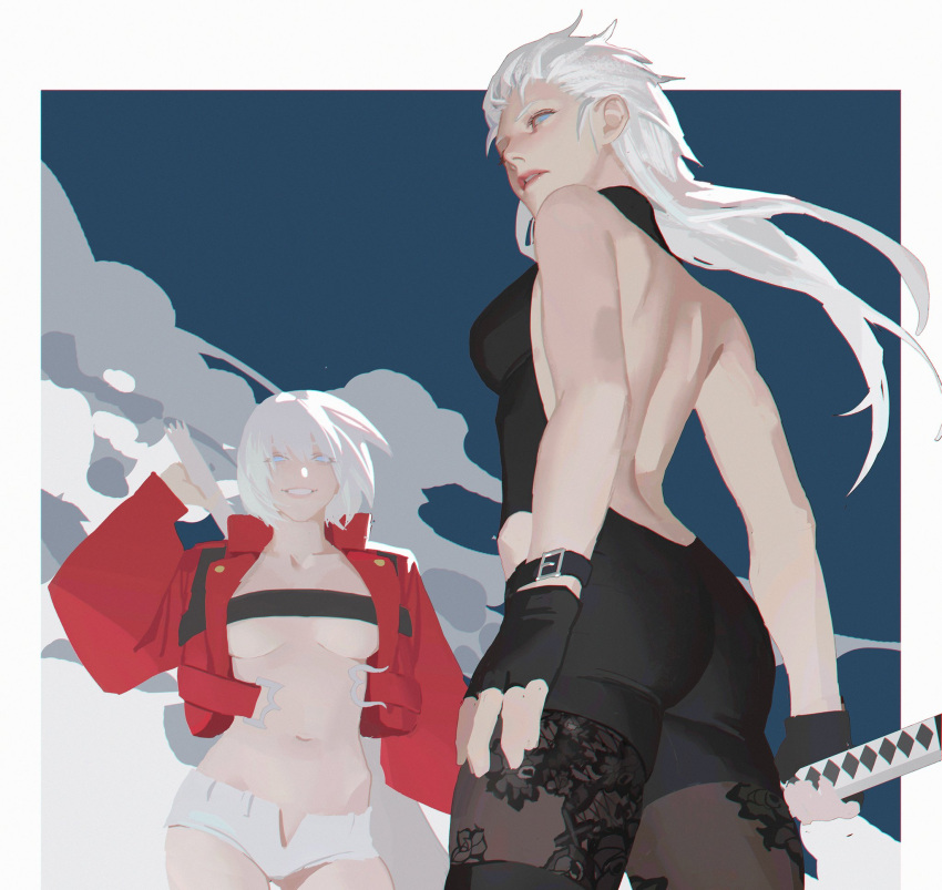 2girls, backless_outfit, blue_eyes, dante_(devil_may_cry), devil_may_cry_(series), fingerless_gloves, from_behind, genderswap