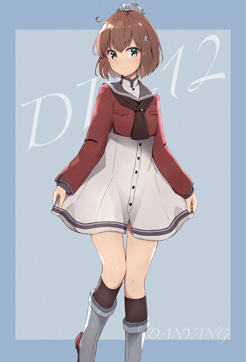 1girl, black_legwear, blush, brown_eyes, brown_hair, brown_neckerchief, buttons, closed_mouth