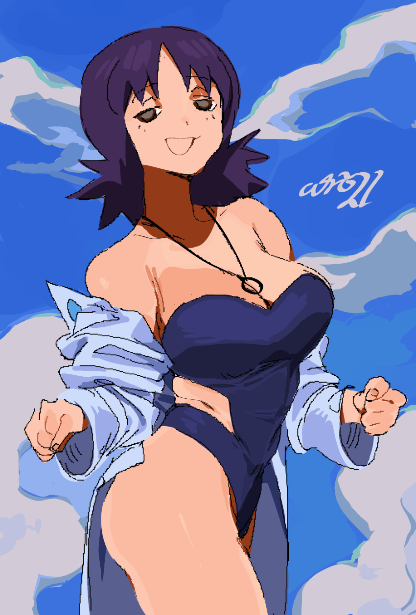 1girl, absurdres, artist_name, blue_background, blue_shirt, blue_swimsuit, breasts, clouds
